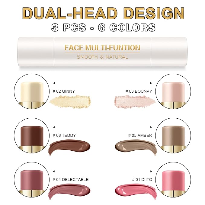 6 Colors Cream Contour Stick Makeup Contour Kit, Double-ended Cream Bronzer for Sculpt, Highlighter and Blush Stick Makeup Kit, Matte & Dewy Finish (SET A)