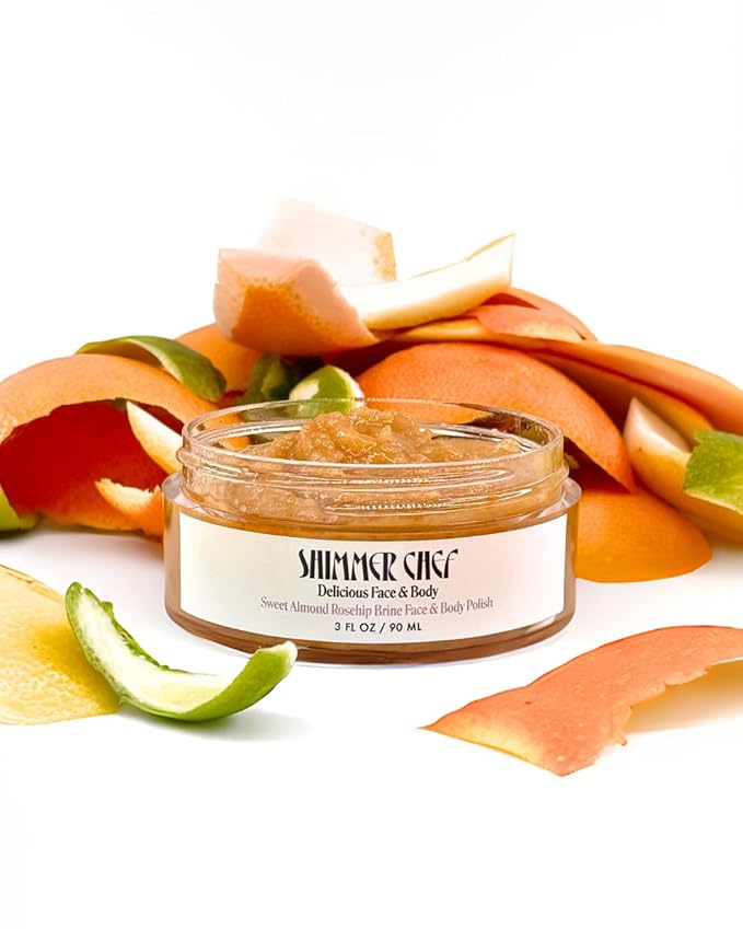 SHIMMER CHEF Sweet Almond Rosehip Brine Face & Body Polish | Fusion of Himalayan & Dead Sea Salt, Maple Sugar, Omega 3s & Vitamin E | Reveals Radiance, Elevates Mood with an Exquisite Fragrance | 3 oz