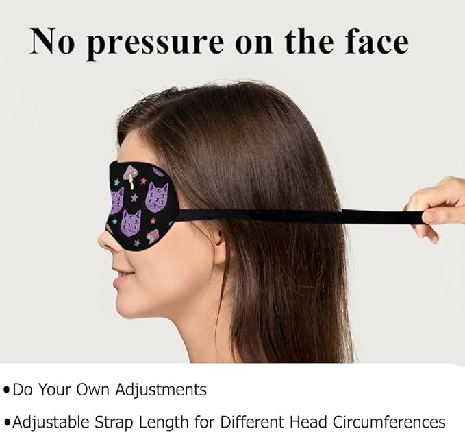 Cat Mushrooms Silk Eye Mask Sleep Mask Bright Psychedelic Cat Halloween Black Eye Mask with Adjustable Strap Lightweight for Women Work Travel Night Sleep