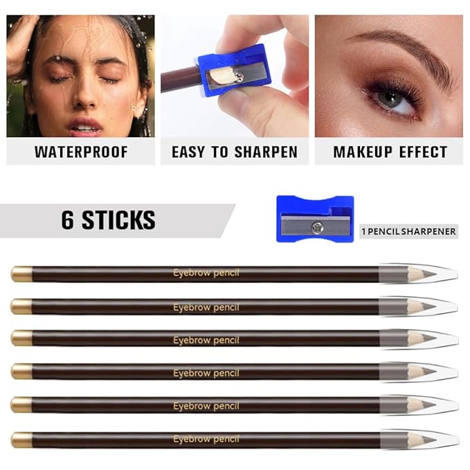 6Pcs Eyebrow Pencils for Women,Wooden Hard-Core Medium Brown Eyebrow and Eyeliner Pencil,Long Lasting Waterproof and Sweat-Proof,Beginner Makeup Brow Pencil,Create a Natural Eye Brow Makeup,Vegan