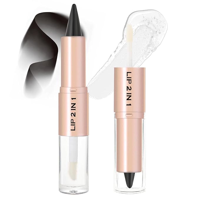 2-in-1 Dual-Ended Lip Liner Lipstick & Gloss Set, Lip Combo with Mirror Effect, Smooth Matte Lip Liner and Moisturizing Lightweight Lip Plumping set for Women, 01 Nude Beige