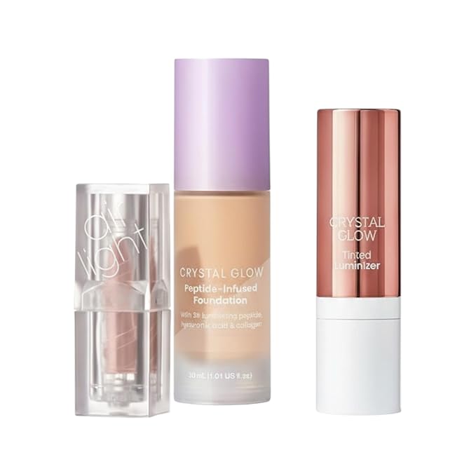 Crystal Glow Foundation (Light to Medium) + Tinted Luminizer Stick with brush (Cream Ivory) + Complimentary Assorted Satin Lipstick (Shade May Vary) – Korean Makeup, Radiance & Peptides