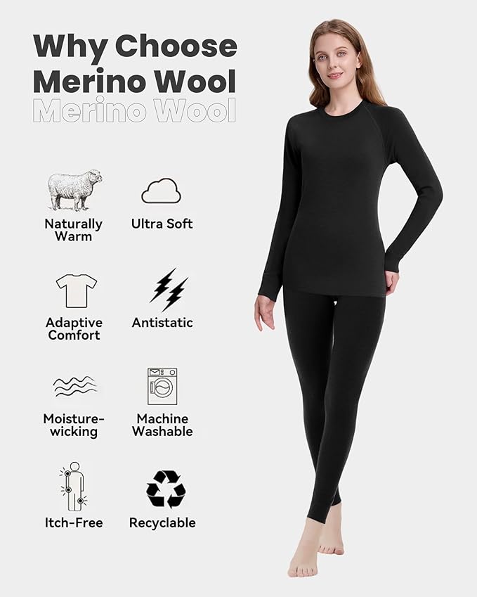 Women's 100% Merino Wool Base Layer Sets - Light and Midweight Thermal Underwear Gifts Pack with Wool Beanie