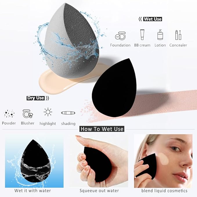 5 Pcs Makeup Sponges Set - 4 Beauty sponges Blending Blenders with 1 Holder and Egg Case, Flawless for Cream, Powder and Liquid (Black)