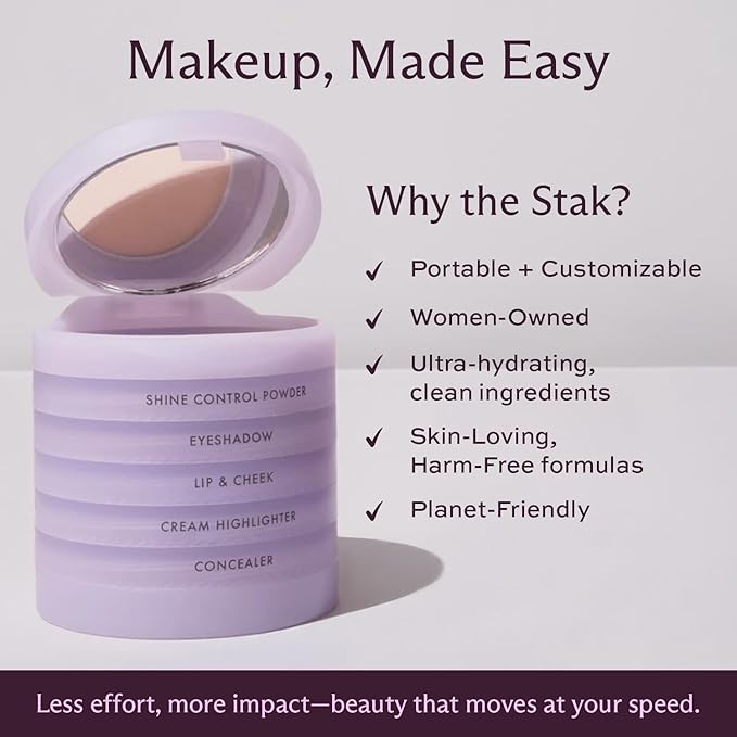 Subtl Staks 6-in-1 Stackable Travel Makeup Kit by Subtl Beauty - New Lip Glaze, Eyeshadow, Highlighter, Lip + Cheek, Blush, Shine Control - Includes Mirror & Brush - Compact Makeup for On the Go