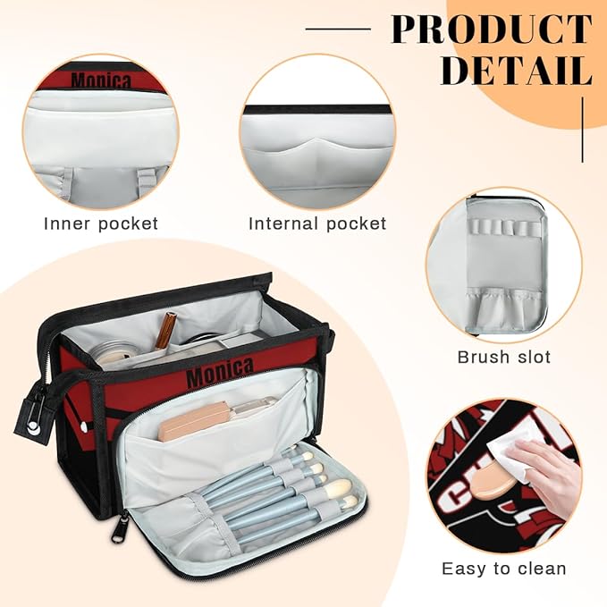 Custom-Makeup-Bag Personalized Travel Toiletry Bag Text Customized Cheer Makeup Bags Cosmetic Bags for Women With Divider & Handle Red