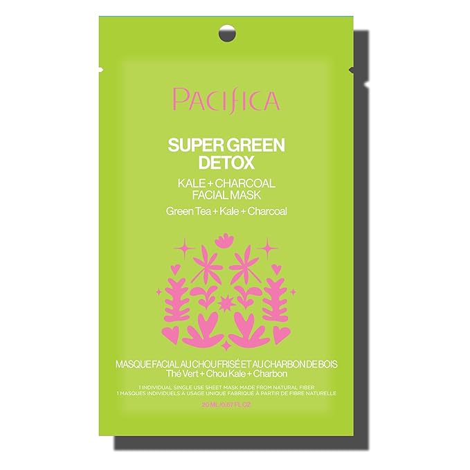 Pacifica Super Green Detox Sheet Mask – 12-PACK Charcoal, Kale & Clay Pore Cleansing Mask for Oily, Blemish-Prone Skin, Deep Detox Facial Mask, Vegan