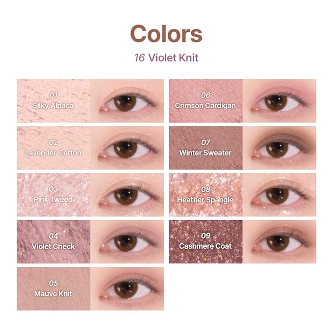 dasique Shadow Palette #16 Violet Knit l Vegan, Cruelty-Free l 9 Blendable Shades in Smooth Matte and Shimmer Finishes with Gorgeous Pearls