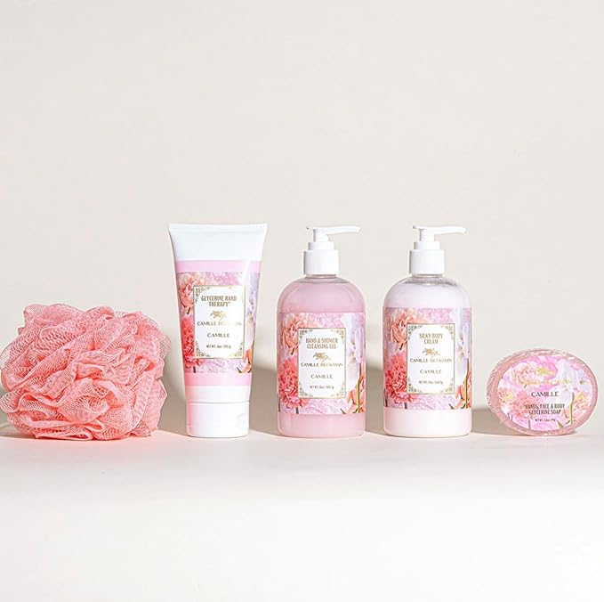 Camille Beckman Essentials Gift Basket, Camille, Glycerine Hand Therapy 6 oz, Silky Body Cream 13 oz, Hand and Shower Cleansing Gel 13 oz, Glycerine Soap 3.5 oz, Bath Body Net, and Gift Basket