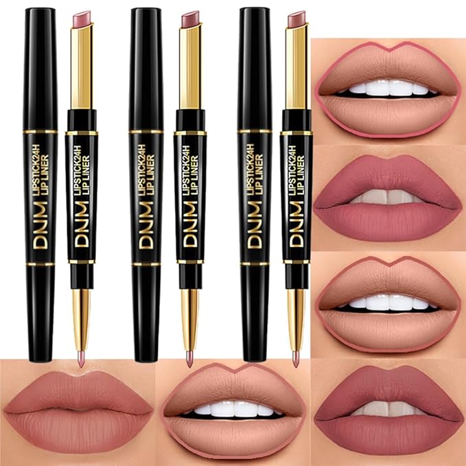 BINGBRUSH 3Pcs Double Ended Nude Brown Matte Lip Liner and Lipstick Makeup Set, Antique Rose Lipliner 24 Hours Original Waterproof Long Lasting Gift Set (3Pcs Set01-Matte:04#11#12#)