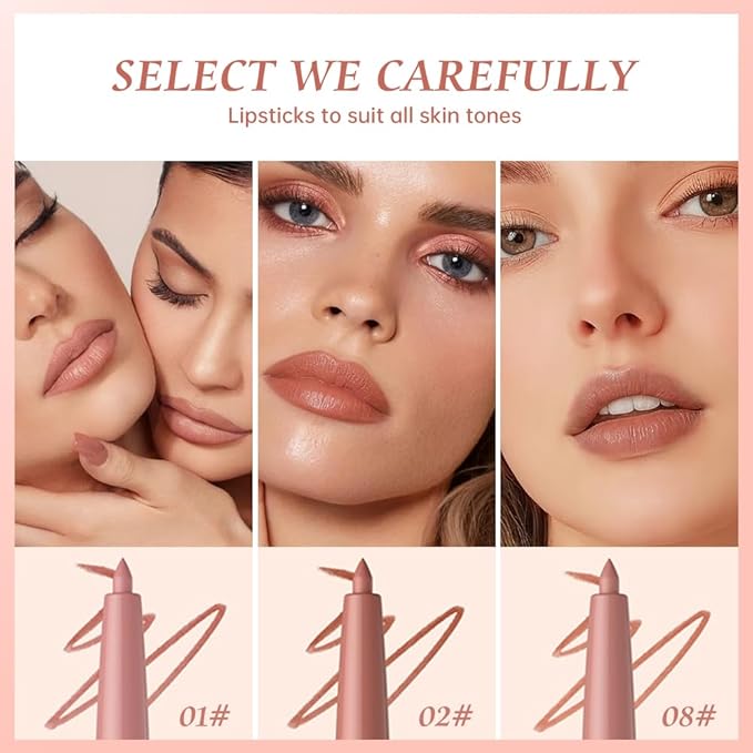 Matte Lip Liner Pencil Set, 12 Colors, Waterproof, Smudge-Proof, Long-Lasting, Semi-Glossy Finish for Defining, Contouring (1#, 3Count (Pack of 1))