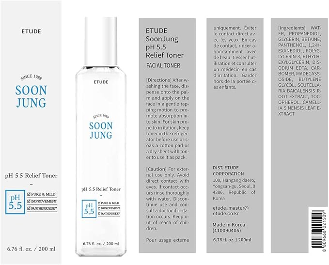 ETUDE Soonjung pH5.5 Relief Toner 200ml (New Version) | Skin Care Solution | Low PH Toner for Sensitive Skin | Non-Comedogenic, Hypoallergenic & Fragrance Free Moisturizer for Face