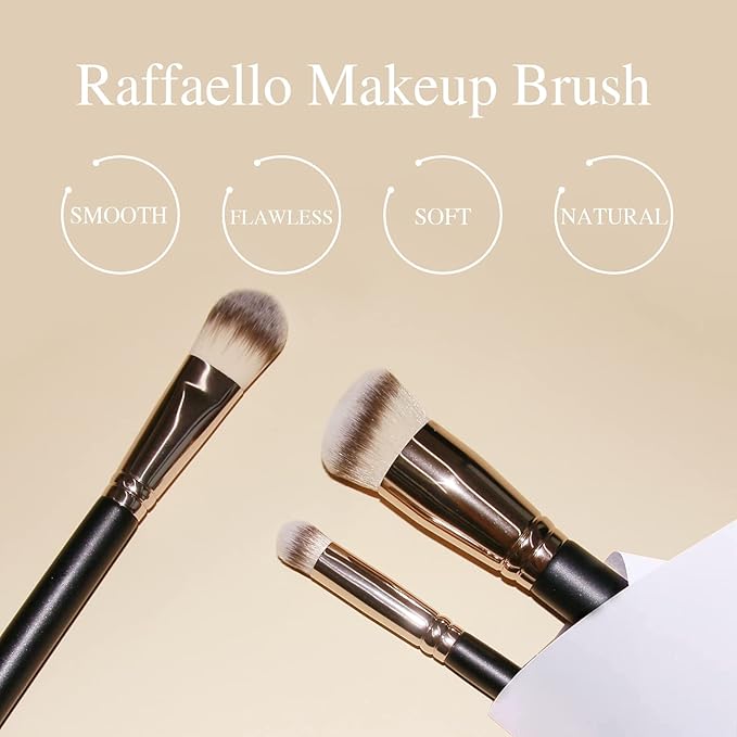 Makeup Brushes, Raffaello 3Pcs Foundation Brushes for Liquid Makeup, Professional Kabuki Foundation Brushes Set for Blending Liquid Cream Flawless Powder Cosmetics Buffing Stippling Concealer