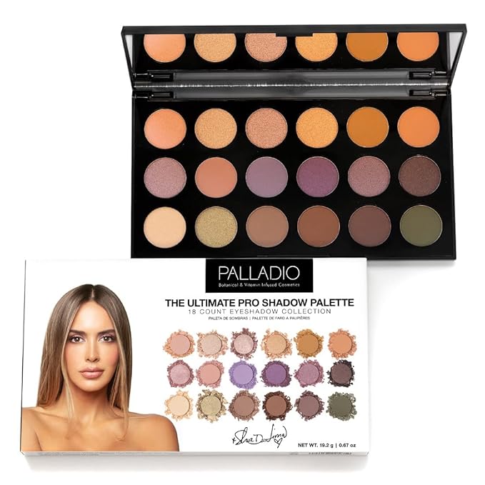Palladio Ultimate Pro Eyeshadow Makeup Palette with Mirror, 18 High-Pigmented Powder Colors, Matte, Shimmer, Metallic, Satin Finishes, SHANNON DE LIMA