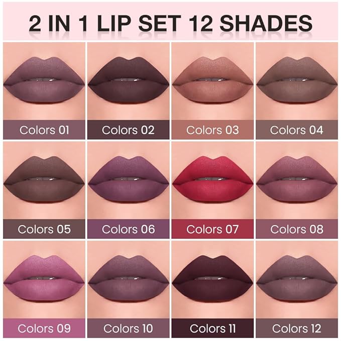 evpct Retractable 1Pcs Lip Liner Pencils and 1 Pcs Lip Gloss Makeup Set for Shaping & Sculpting Lips, Plum Long-Lasting Waterproof Longwear Matte Rich Lip Colors Liner Crayon Liquid Lipstick 11#