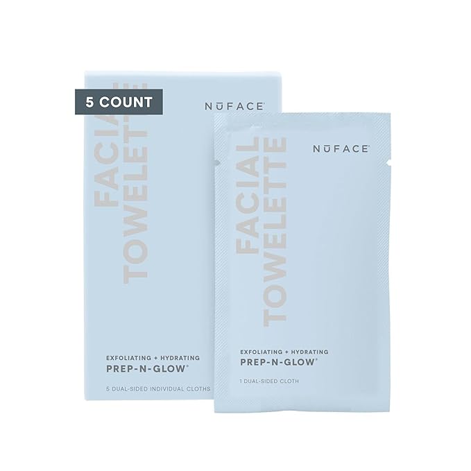 NuFACE Prep-N-Glow Facial Towelettes - 2-in-1 Exfoliating + Cleansing Makeup Remover Wipes, Hyaluronic Acid Travel Face Wipes to Hydrate & Brighten for Glowing Skin - 5 Individually Wrapped Cloths