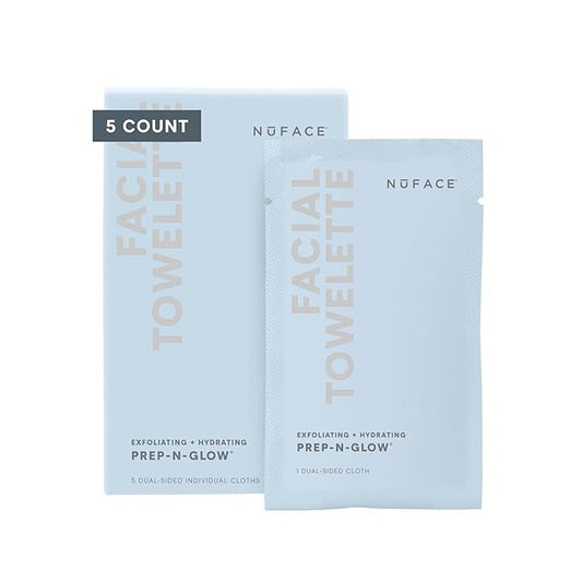 NuFACE Prep-N-Glow Facial Towelettes - 2-in-1 Exfoliating + Cleansing Makeup Remover Wipes, Hyaluronic Acid Travel Face Wipes to Hydrate & Brighten for Glowing Skin - 5 Individually Wrapped Cloths