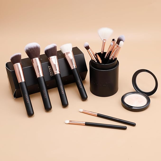 docolor Makeup Brush Set Professional, 15 PCS Black Wood Handle Makeup Brushes, Premium Cruelty-Free Synthetic Fiber Hair, Travel Make up Brushes Set with Case