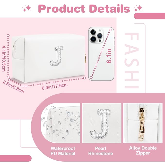 Bride Gifts – Personalized Initial Makeup Bag with Pearl Rhinestone Patch, Preppy White Monogram Cosmetic/Toiletry Pouch, bridesmaid Gifts, Bridal Shower Gifts, Wedding Gifts, Bridal Gifts,J