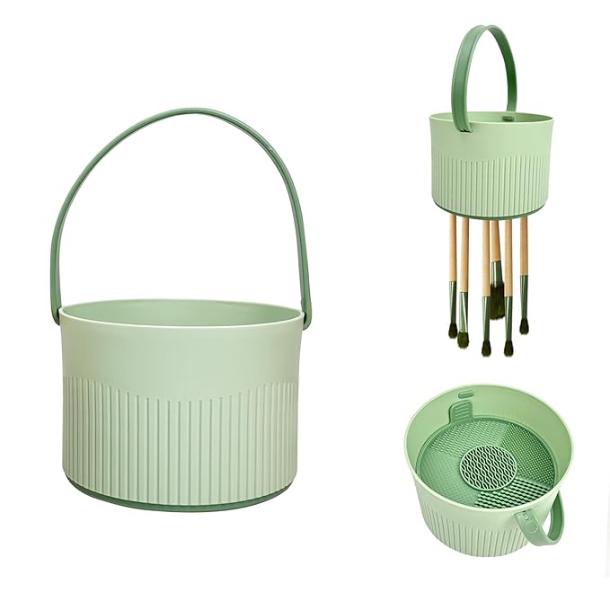 Makeup Brush Cleaner Mat 3 in 1 Silicone Makeup Brushes Cleaner Bowl with Brush Drying Holder Hanging Cosmetic Brush Cleaner Organizer for Storage & Air Dry, Green