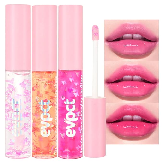 evpct 3Pcs Clear Color Changing PH Tinted Lip Gloss Sets for Women, Pink Mood Lip Oil Gloss Balm Tint Stain Glaze Pack Hydrating 0.34 fl.oz *3