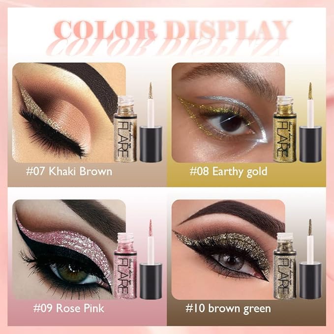 evpct 10 Colors Glitter Liquid Eyeliner Eye Eyeshadow Makeup Set, Pink Brown White Gold Glitter Liquid Eyeshadow Gel Eyeliner Set delineador de ojos contra el agua delineadores de colores para ojos