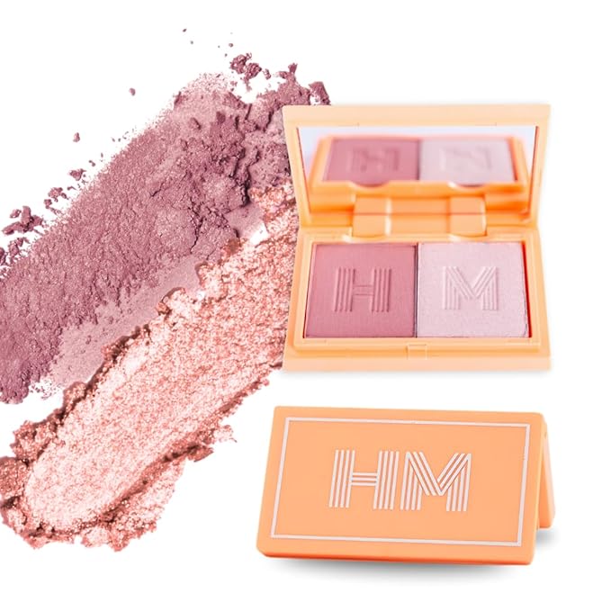 Mini Blush + Brighten Highlighter Duo, Lightweight Blendable Shimmer Blush, High Pigmented Makeup Powder Palettes, Cruelty Free - Don't Hurry, Be Happy!