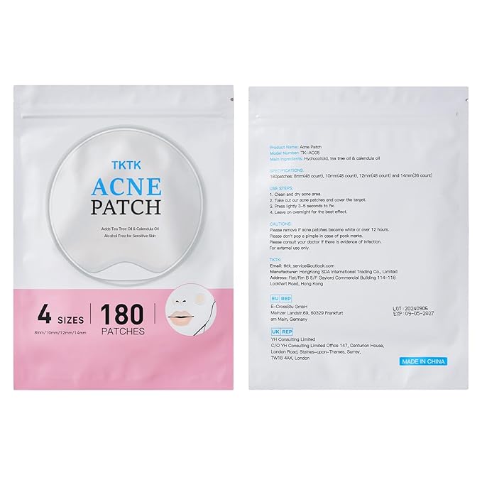 TKTK Hydrocolloid Acne Patches, Pimple Patches for Face with Tea Tree & Calendula Oil - 4 Sizes Clear Cover Stickers, Invisible for Day & Night Use (180 Count)