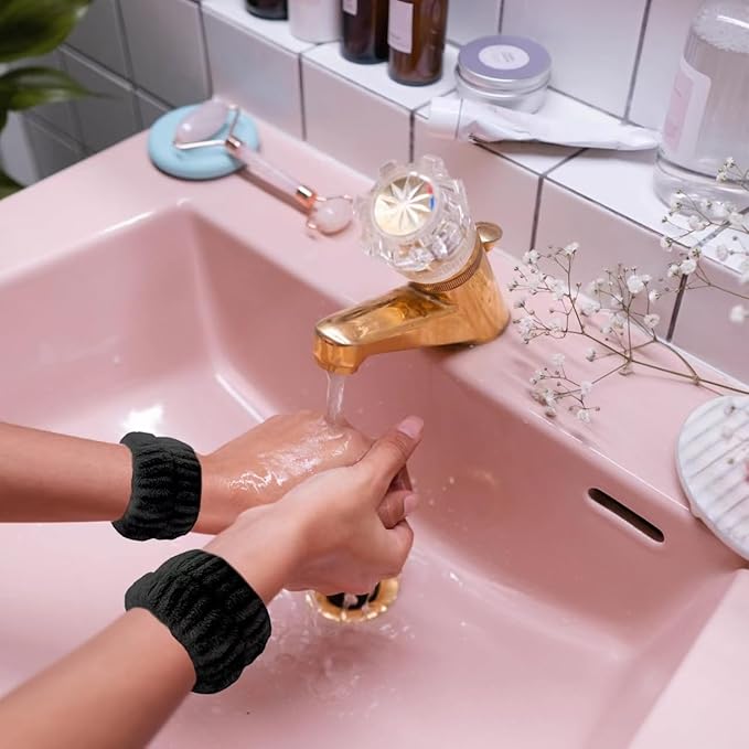 Makeup headband,spa Headband and Wristband Set,bubble Skincare Headbands with Wristbands and Hair Scrunchies Set for Skin Care Makeup Removal Shower (Black-6pcs)