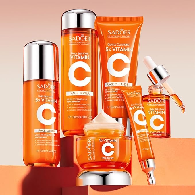 Compatibility Vitamin C Skincare kit SADODER,Skin Hydration | 2x Gift Box ( 6-Piece Face Care Kit ) Includes Toner,Serum, Cleanser,Moisturizer,Eye Cream & Body Lotion,Gift,Women