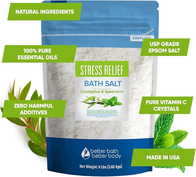 Stress Relief Bath Salt 128 Ounces Epsom Salt with Natural Spearmint and Eucalyptus Essential Oils Plus Vitamin C in BPE Free Pouch with Easy Press-Lock Seal