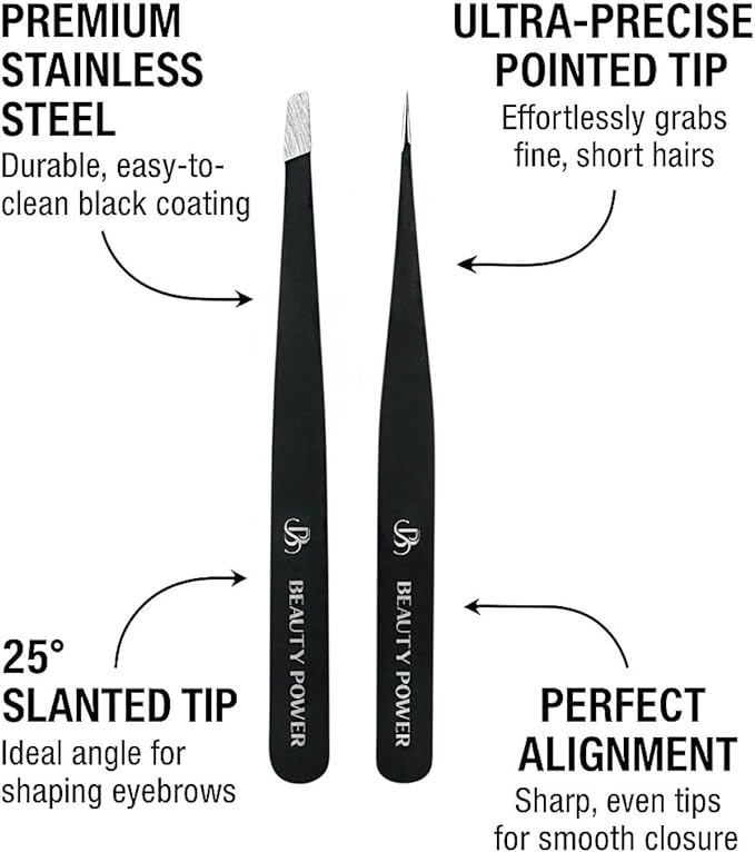 Precision Tweezers for Women Facial Hair & Men - Professional Tweezers Set with Slant & Point Tips, German Stainless Steel, PU Leather Travel Case, Lightweight & Ultra Precision Black