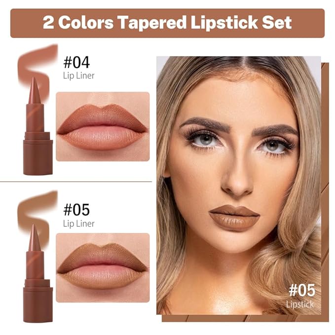 2in1 Gradient Lip Liner & Lipstick Combo,Matte Longwear Waterproof Lip Pencil with Cone Tip,Smudge Proof Crayon,Ombre Contour,Women's Long Lasting Makeup Set-(04#Cinnamon Spice+05#Caramel Latte)
