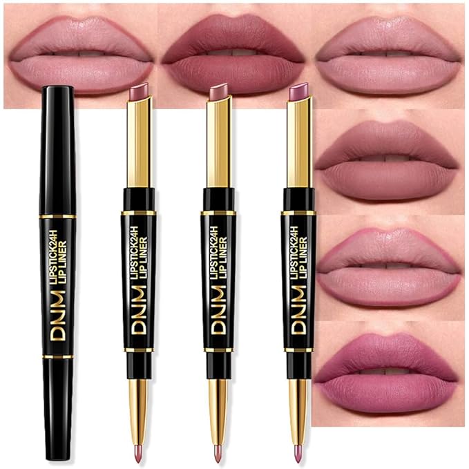 evpct 3Pcs Matte Lip Liner and Lipstick Combo Set Kit for Women, Light Plum Rose Mauve Nude Beige Brown Magic Neutral Lipstick 24 Hours Original Lips Liner Pencil Stain Long Lasting Waterproof