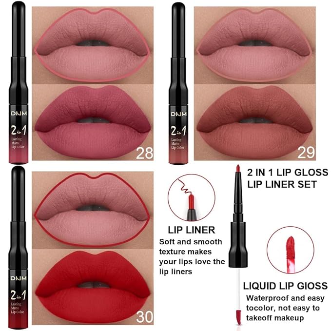 3Pcs 2 in 1 Mauve Neutral Light Rosey Nude Blue Red Lip Liner and Liquid Lipstick Stain Makeup Set for women, Long Lasting Smudge Proof Lip Tint Matte Finish Lip Gloss for All-Day Color Hold, Set10