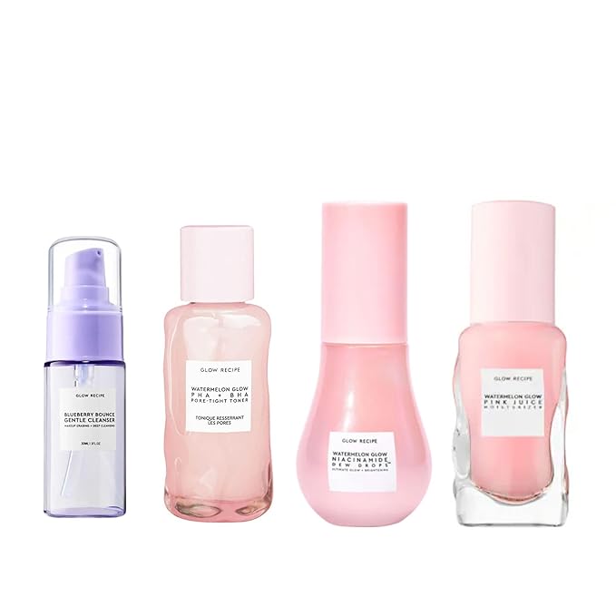 Glow Recipe Oily Skin Routine Kit - Blueberry Cleanser (30ml) + Watermelon BHA Toner (40ml) + Niacinimide Dew Drops (15ml) + Pink Juice Moisturizer (25ml)