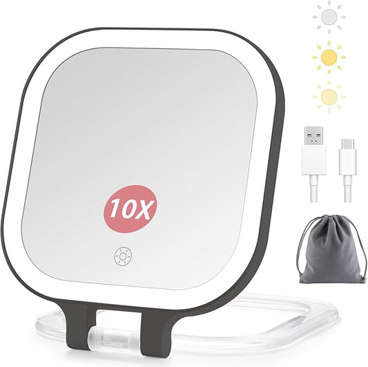 DESCHEN Rechargeable Travel Makeup Vanity Mirror with Lights and Magnification, Portable 1X/10X Magnifying Mirror with 3 Color Light, Lighted Makeup Mirror with Magnification (Black)