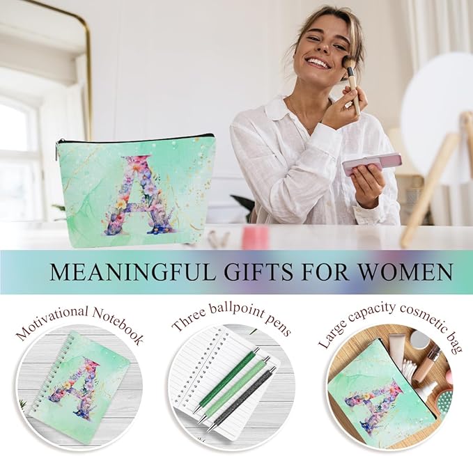 Personalized Gifts Monogrammed Birthday Gifts for Women, Bridesmaid Bachelorette Party Appreciation Christmas Initial 20 oz Tumbler, Makeup Bag Pens Journal Notebook 6 Set, (Aesthetic Green Flower A)