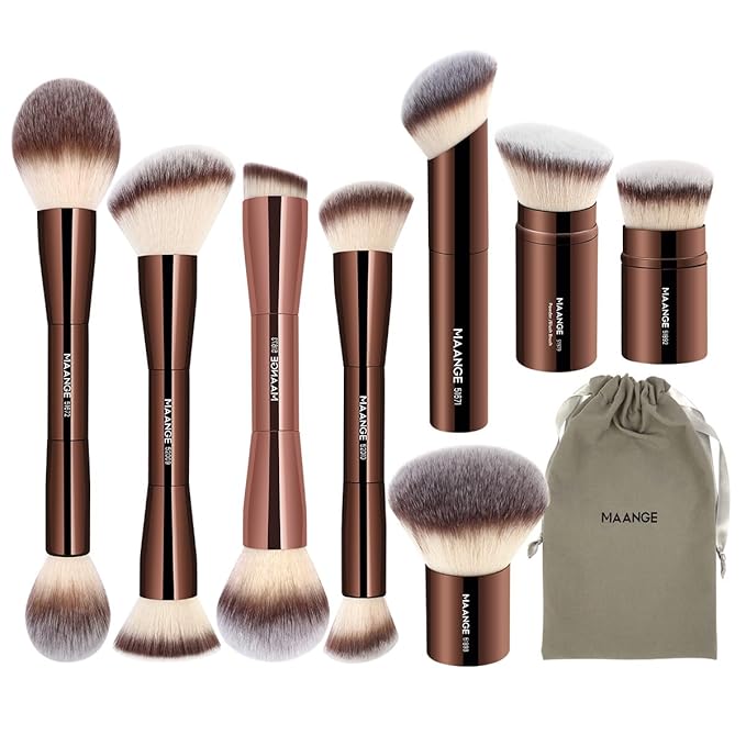 MAANGE 8 Pcs Makeup Brushes with Bag, Double-End Multi-functional Makeup Brushes for Blending Liquid Powder Concealer Cream Blush (Coffee Brown)