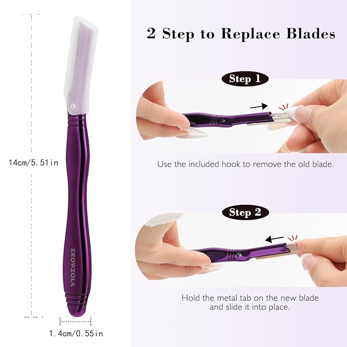 Eyebrow Razor for Women and Men, Face Razors for Women, Dermaplane Razor with Protective Silicone Cover, Reusable Metal Handle with 6 Refill Blades, Skin Care Tool - Purple