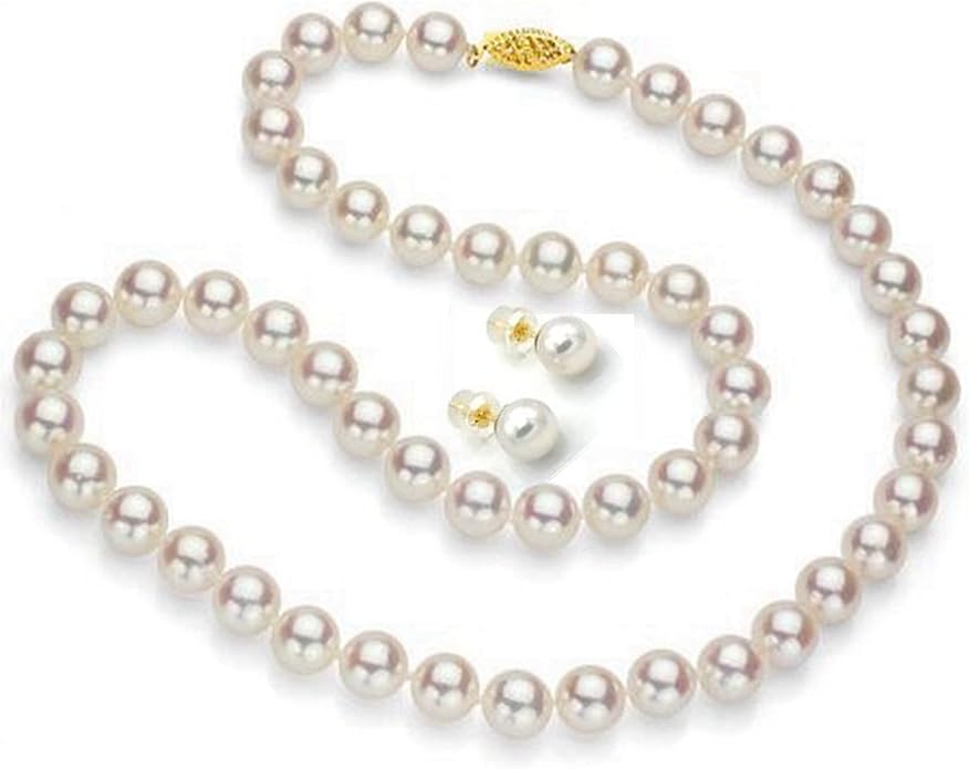 Lily Treacy Japanese Akoya Pearl Necklace Strand 14K gold clasp 18" w/Stud Earrings 18K gold post Set Bridal Gift 7-7.5mm