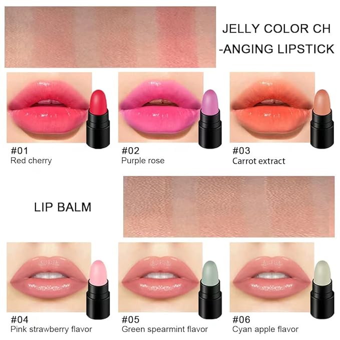 12 Pcs Capsule Lipstick Packs: 3 Strawberry Mint Apple Flavor Lip Balm, 3 Color Changer Jelly Lipstick, 3 Matte, 3 Metallic, Long Lasting Waterproof