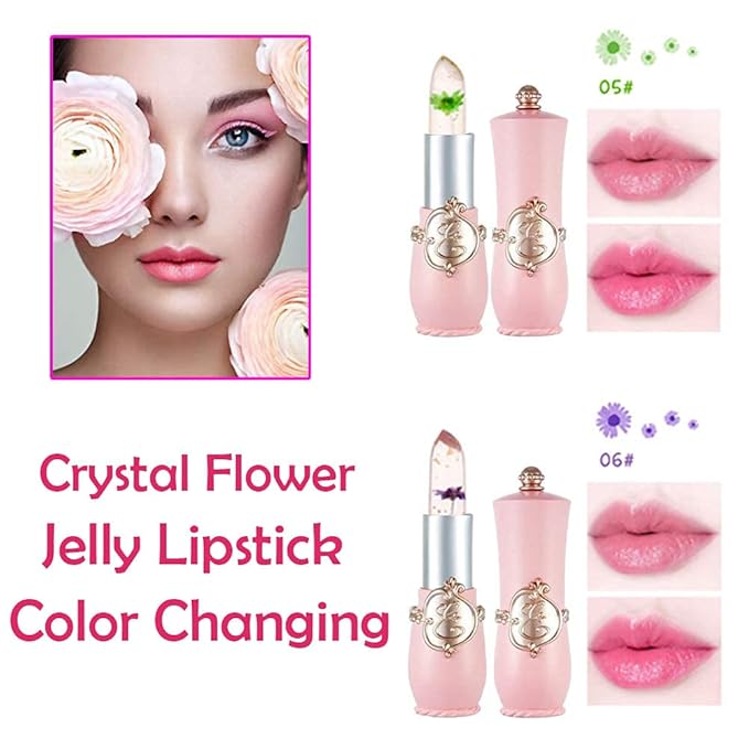 BINGBRUSH 2Pcs Color Changing Lipstick,Pink Crystal Flower Jelly PH Mood Long Lasting Labiales Lip Care Moisturizer Lip Balm Korean Magic Lip Gloss Lip Tinted Stain Makeup Set for Women