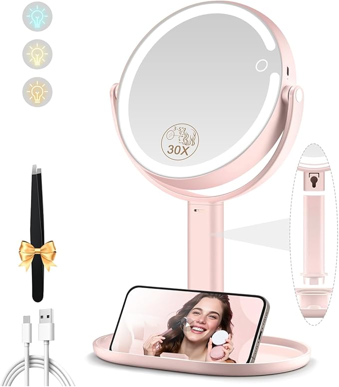 Makeup Mirror with Lights, Double Sided 1x/30x Magnifying Mirror with Light, Rechargeable 3 Color Lights and Adjustable Brightness, 360° Rotation Detachable Comes with Tweezer(Pink)