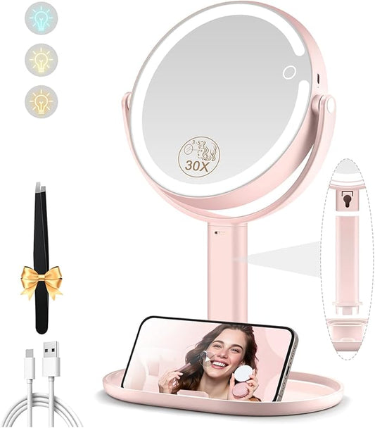 Makeup Mirror with Lights, Double Sided 1x/30x Magnifying Mirror with Light, Rechargeable 3 Color Lights and Adjustable Brightness, 360° Rotation Detachable Comes with Tweezer(Pink)