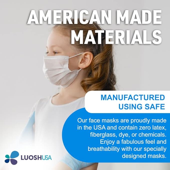 Luosh Face Masks Disposable Made in USA, 3 Ply Disposable Masks 50pcs,Adult Mask, Kids Mask, Black Masks, White Masks