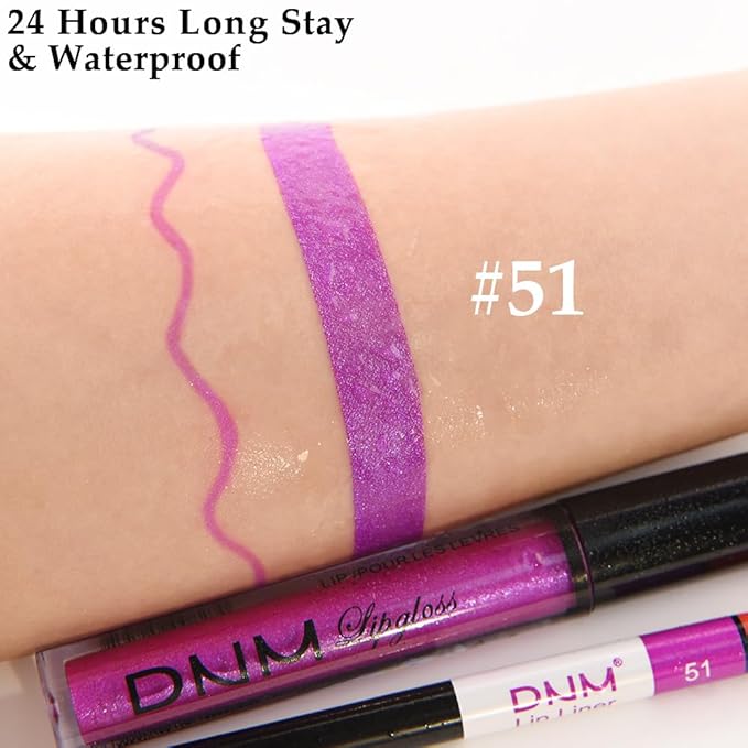 evpct 2Pcs Purple Shimmer Glitter Shiny Liquid Lipstick Lip Gloss Stain and Retractable Lip Liner Makeup Set for Women Long Lasting Waterproof 24 Hours Lipstick labial mate larga duracion 24 51#