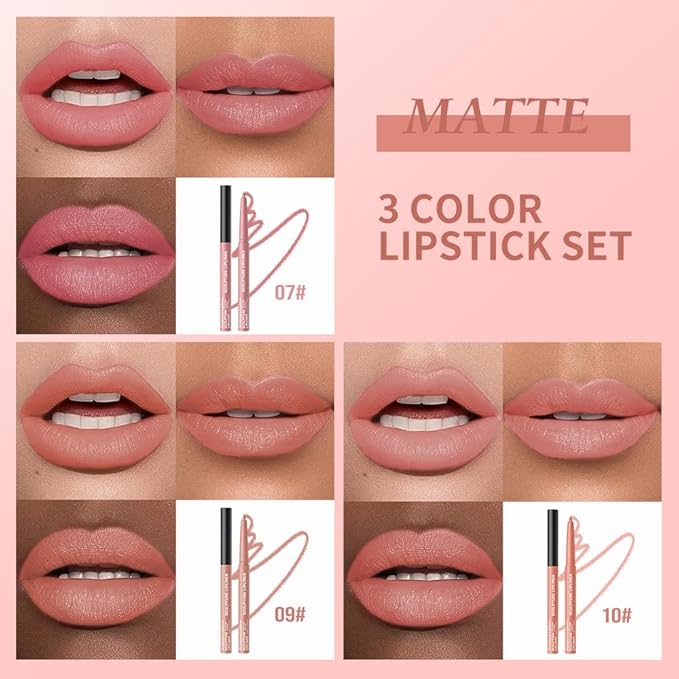 Matte Lip Liner Pencil Set, 12 Colors, Waterproof, Smudge-Proof, Long-Lasting, Semi-Glossy Finish for Defining, Contouring (4#, 3Count (Pack of 1))