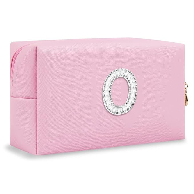 ChaoGreat Bride Gifts – Personalized Initial Makeup Bag with Pearl Rhinestone Patch, Preppy Pink Monogram Cosmetic/Toiletry Pouch, bridesmaid Gifts, Bridal Shower Gifts, Wedding Gifts, Bridal Gifts,O