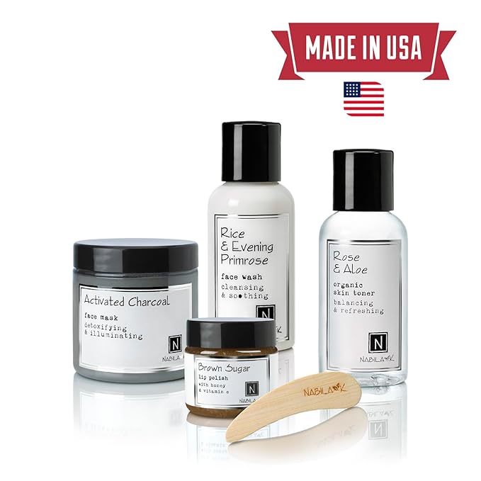 Nabila K Repair & Care Gift Set – Includes Rice & Evening Primrose Face Wash, Rose & Aloe Toner, Charcoal Mask & Brown Sugar Lip Polish – Luxury Skincare Kit for Women & Men – Ready-to-Gift Spa Box